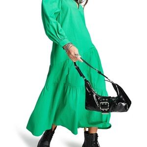 Topshop Chuck Long Sleeve Textured Stretch Cotton Poplin Dress - Size 6